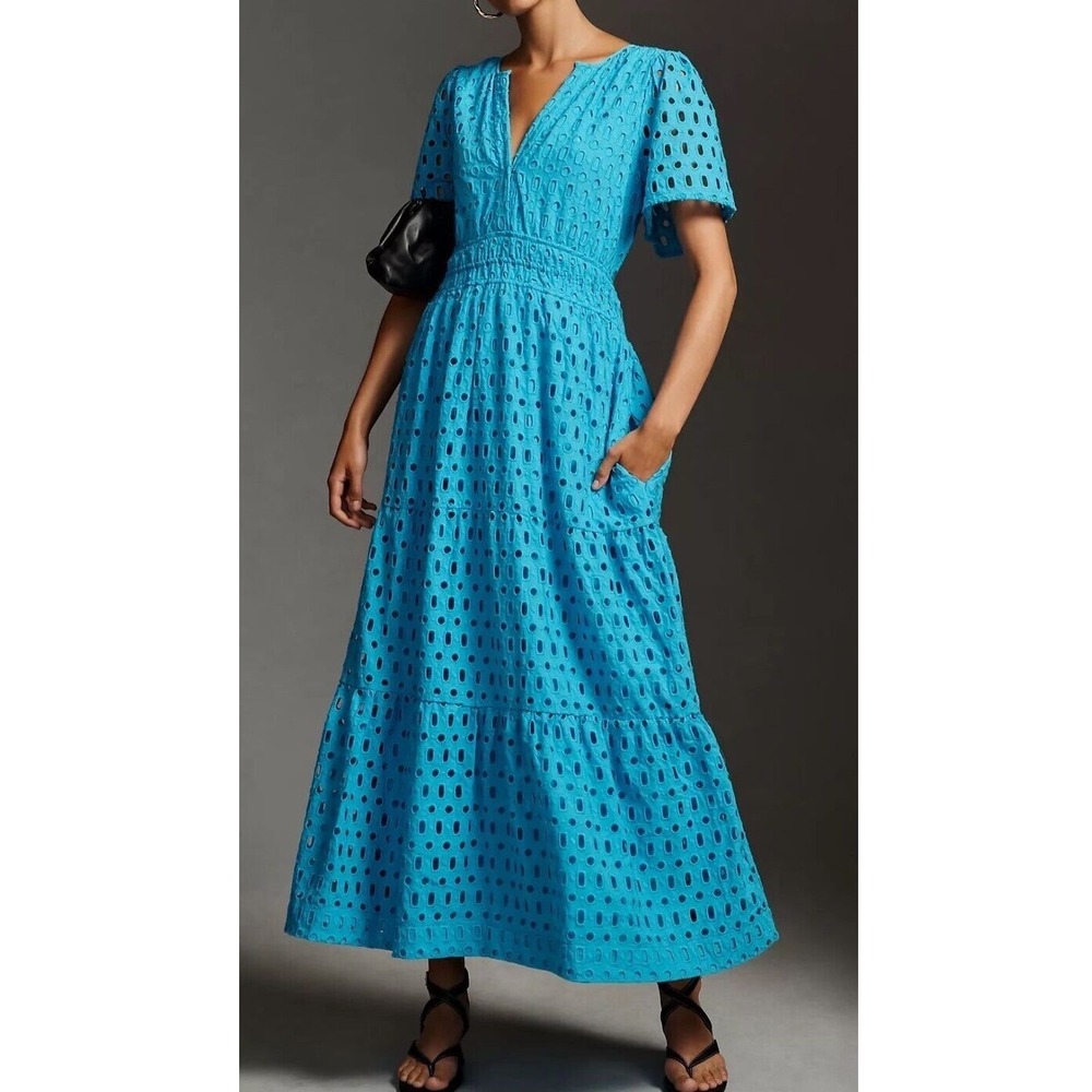 Anthropologie Somerset Eyelet Maxi Dress Turquoise Blue Smocked Tiered Boho M yy
